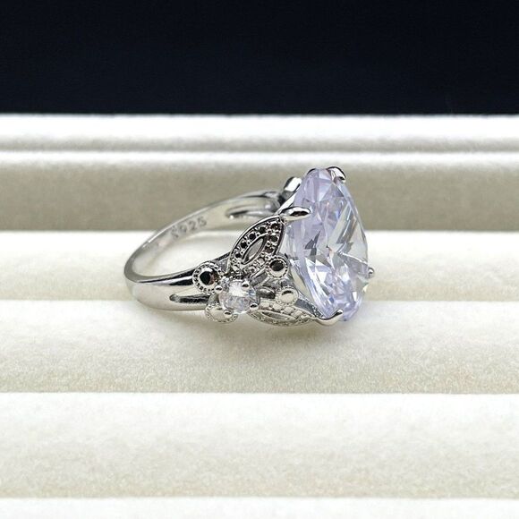 .925 Sterling Silver with Large Oval White Diamond Cubic Zirconia Ring Size 6 - Picture 4 of 10